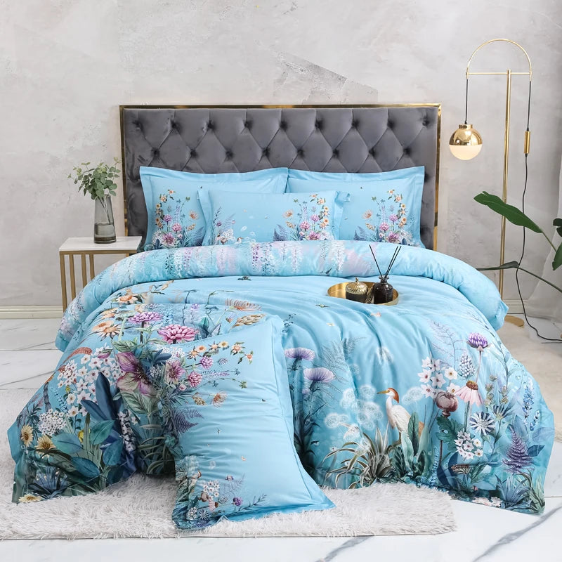 100% Egyptian Cotton US size Bedding Queen King size 4Pcs Birds and Flowers Leaf Gray Shabby Duvet Cover Bed sheet Pillow shams