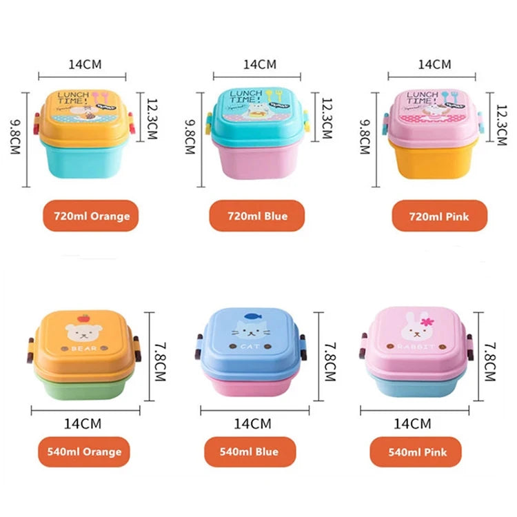 Cute Portable Colorful Cartoon Lunch Box Microwaveable Kids 2 Layer Food Fruit Container Picnic Outdoor Bento Box Child Gift