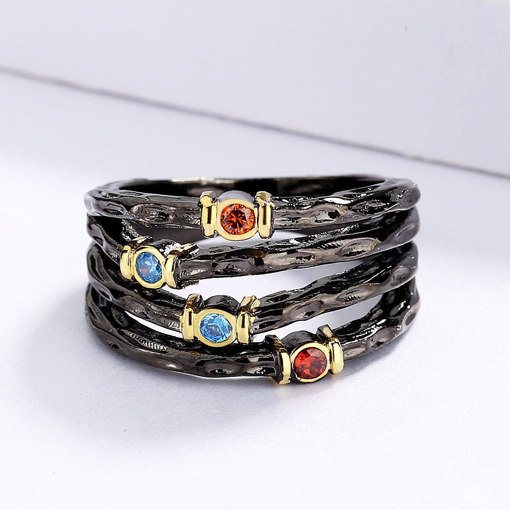 Exaggerated 925 Silver Ring Inlaid with Colorful Zircon Women's Ring Multi-layer Irregular Black Gold Jewelry Women's Party Ring