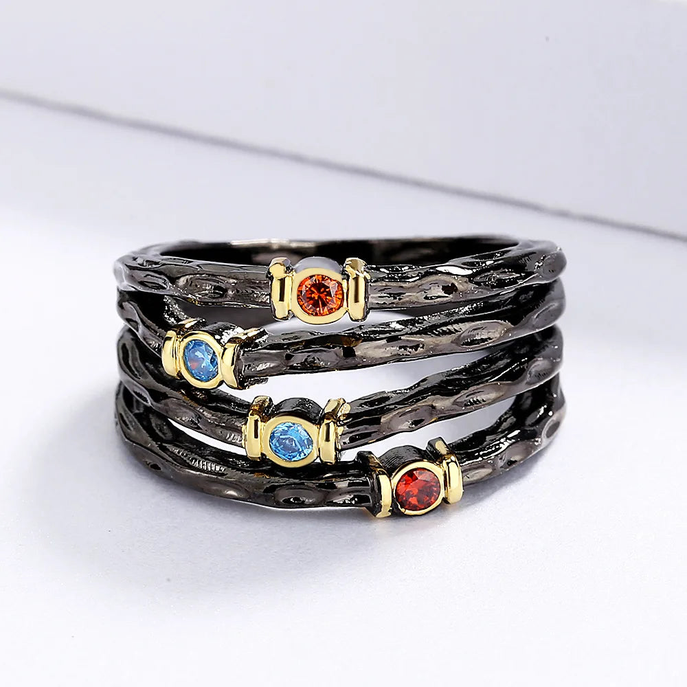 Exaggerated 925 Silver Ring Inlaid with Colorful Zircon Women's Ring Multi-layer Irregular Black Gold Jewelry Women's Party Ring