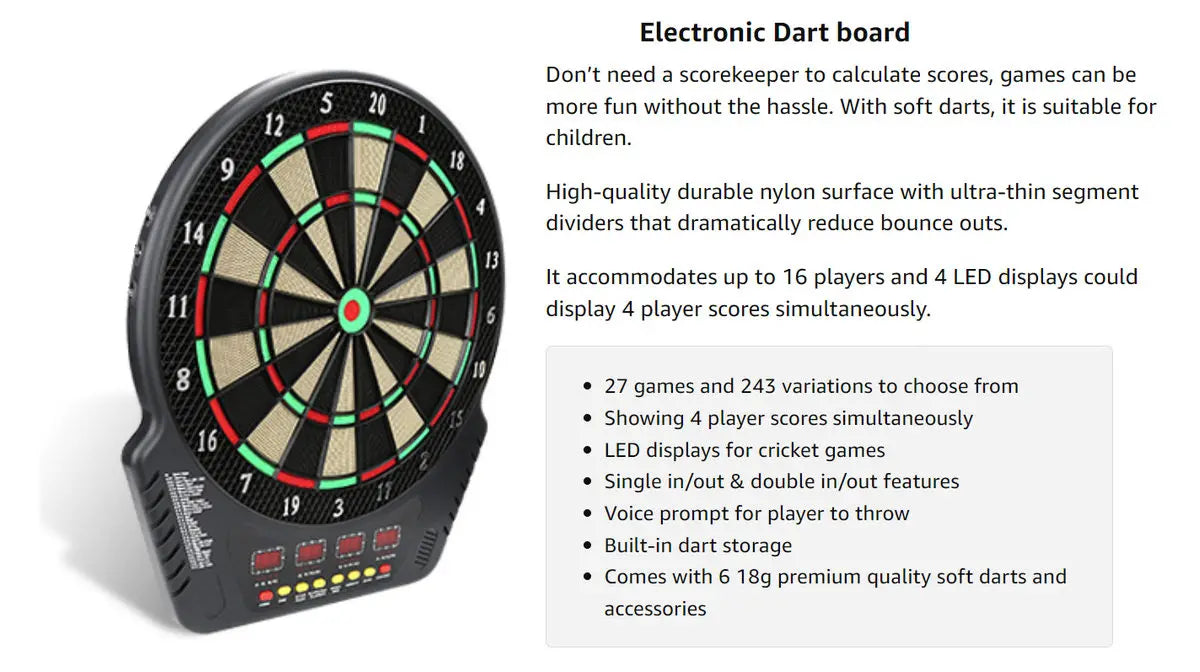 Professional Competition Electronic DartBoard,Digital Soft Tip Dart Board 27 Games 243 Variants,Support 16 Player 4 LED Displays