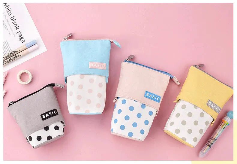 Pencil Case Dots Pen Holder Canvas Fabric Korea Stationary School Supplies Kid Ruler Organizer Gift Bag Transformer Standing Box