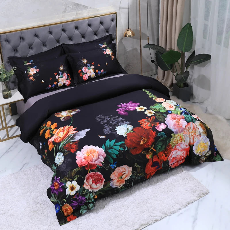 100% Egyptian Cotton US size Bedding Queen King size 4Pcs Birds and Flowers Leaf Gray Shabby Duvet Cover Bed sheet Pillow shams