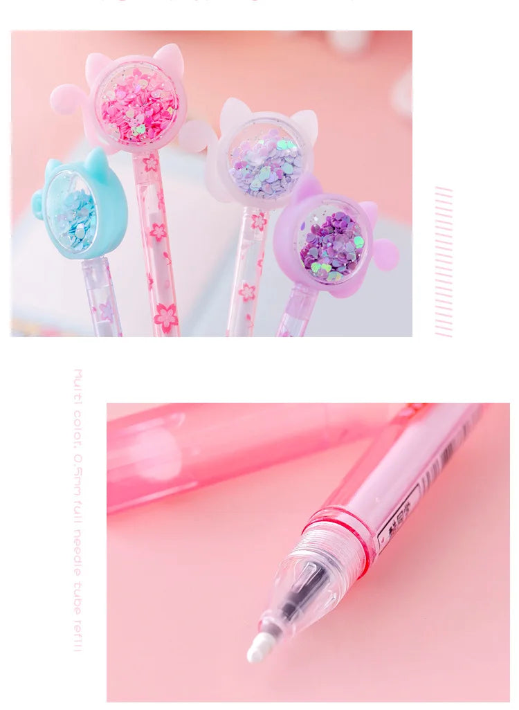 4Pcs/Set Kawaii Cat Tail Gel Pen Cute Sequins Transparent Rod Black Ink Gel Pens Office School Stationery Children Gift Pen