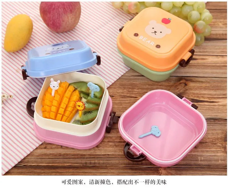 Cute Portable Colorful Cartoon Lunch Box Microwaveable Kids 2 Layer Food Fruit Container Picnic Outdoor Bento Box Child Gift