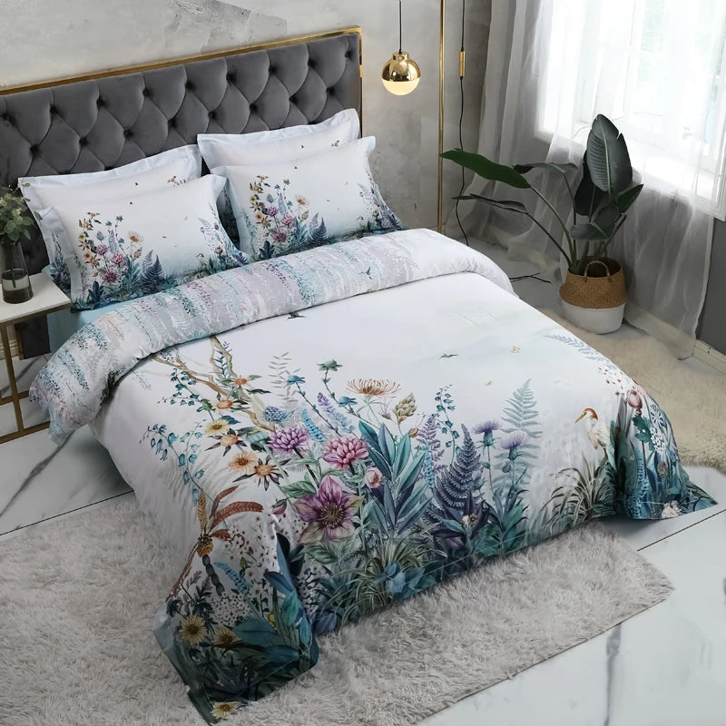 100% Egyptian Cotton US size Bedding Queen King size 4Pcs Birds and Flowers Leaf Gray Shabby Duvet Cover Bed sheet Pillow shams