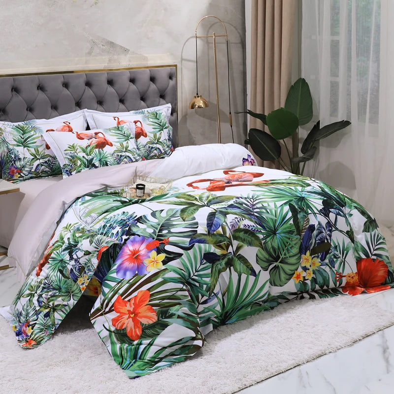 100% Egyptian Cotton US size Bedding Queen King size 4Pcs Birds and Flowers Leaf Gray Shabby Duvet Cover Bed sheet Pillow shams