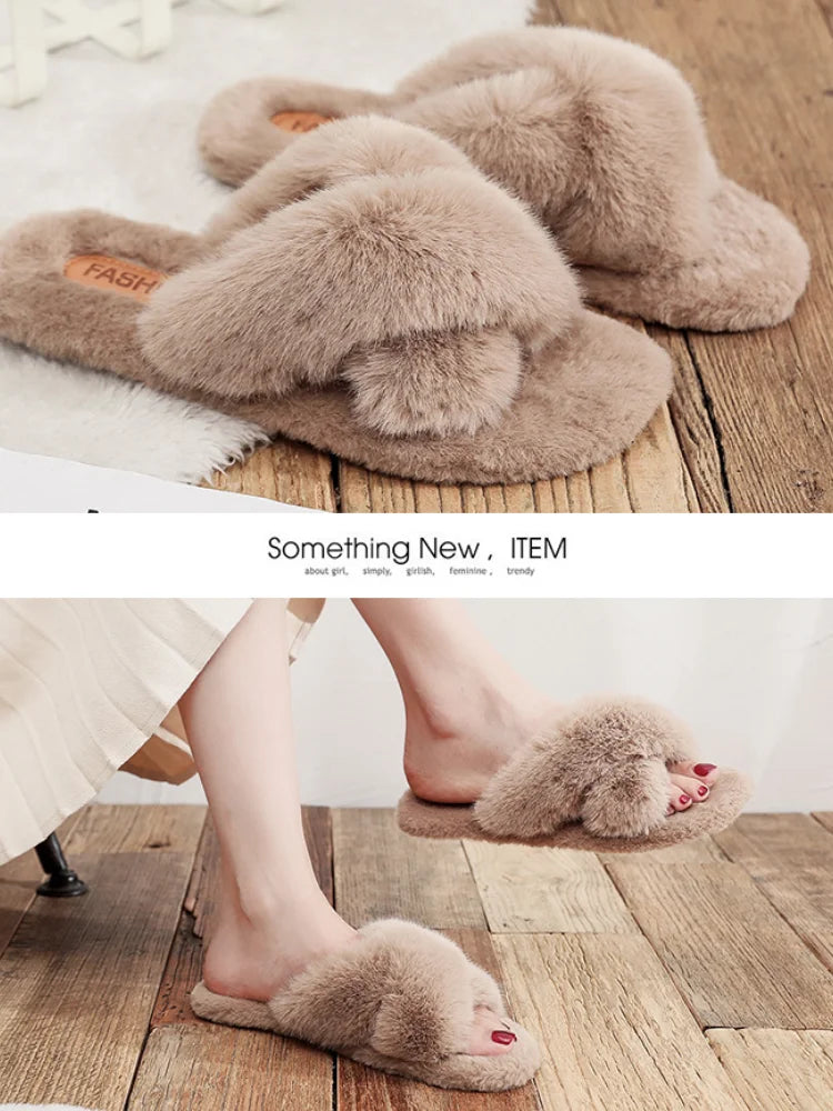 Women Fashion Warm Fluffy Slippers Cozy Faux Fur Cross Indoor Floor Slides Flat Soft Furry Ladies Female Celebrities Flip Flops