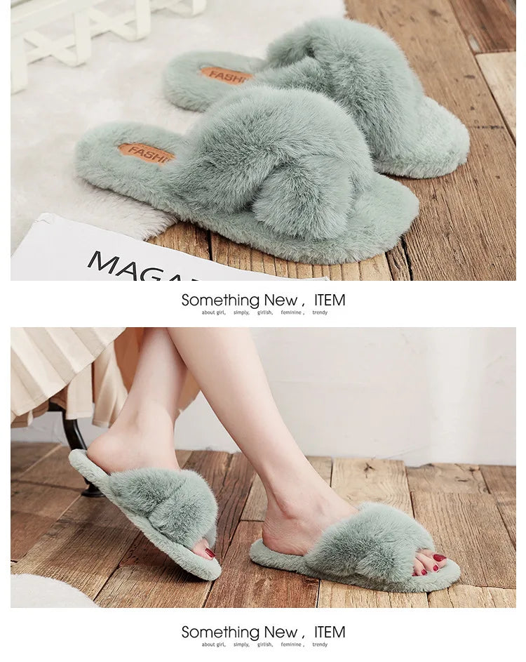 Women Fashion Warm Fluffy Slippers Cozy Faux Fur Cross Indoor Floor Slides Flat Soft Furry Ladies Female Celebrities Flip Flops