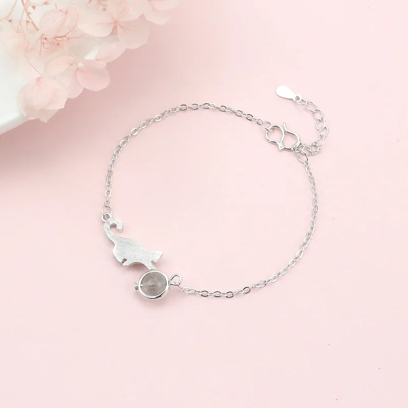 925 Sterling Silver Crystal Cat Round Bead Charm Bracelet For Women Gift Elegant Bracelets & Bangles Silver Jewelry
