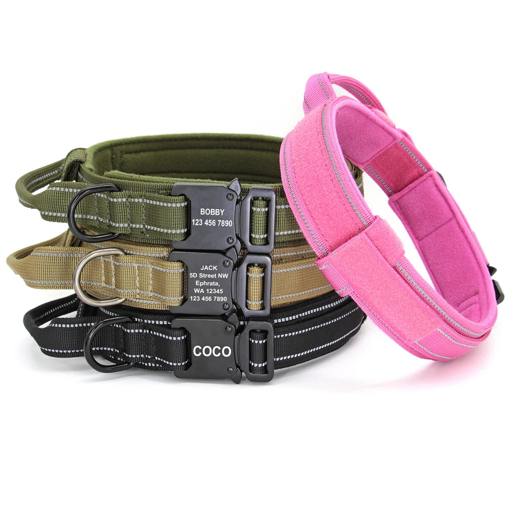 Military Tactical Pet Dog Collar Personalized Custom Nylon Reflective Small Medium Large Dog Collars Engraved ID Name Adjustable