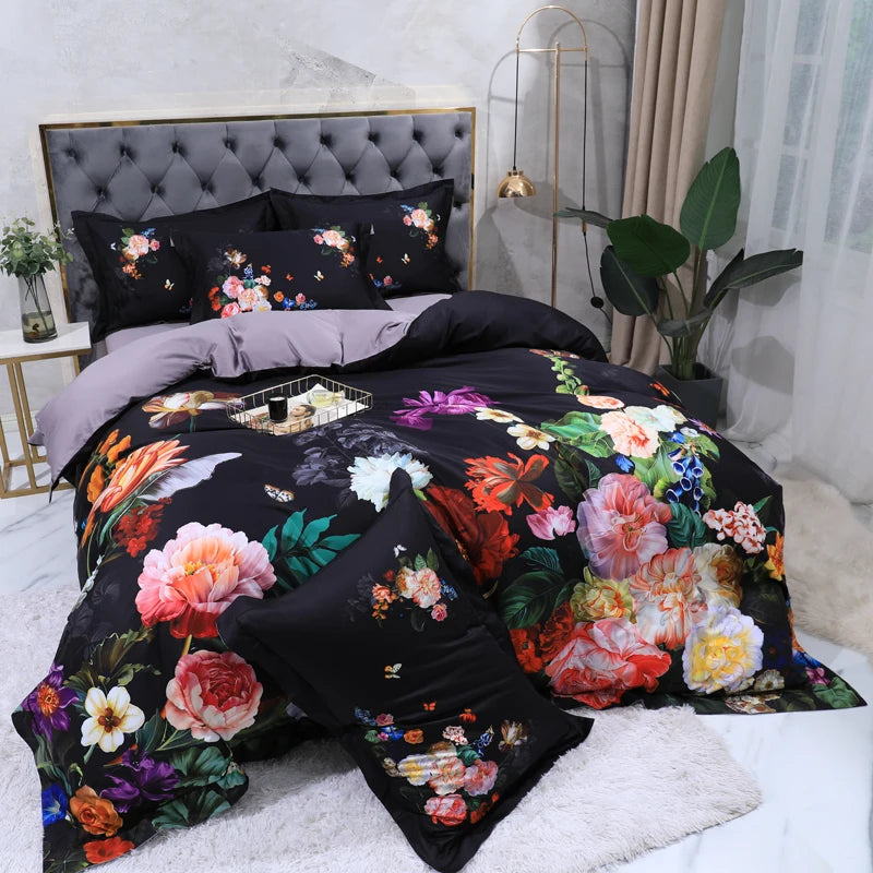 100% Egyptian Cotton US size Bedding Queen King size 4Pcs Birds and Flowers Leaf Gray Shabby Duvet Cover Bed sheet Pillow shams