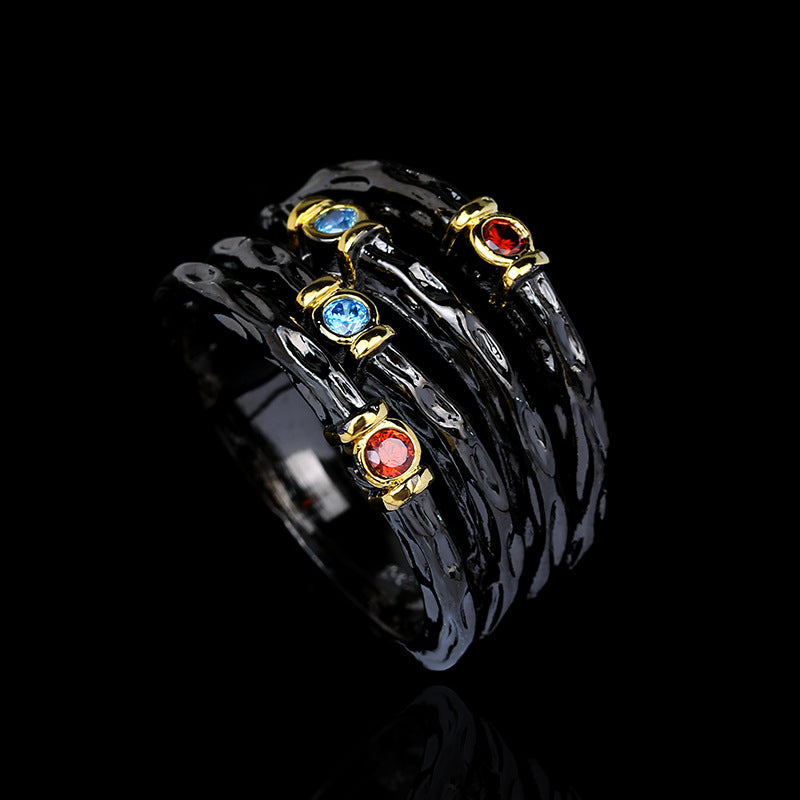 Exaggerated 925 Silver Ring Inlaid with Colorful Zircon Women's Ring Multi-layer Irregular Black Gold Jewelry Women's Party Ring