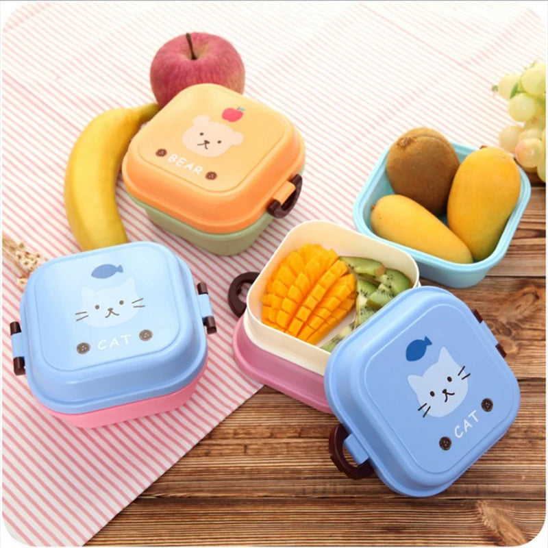 Cute Portable Colorful Cartoon Lunch Box Microwaveable Kids 2 Layer Food Fruit Container Picnic Outdoor Bento Box Child Gift