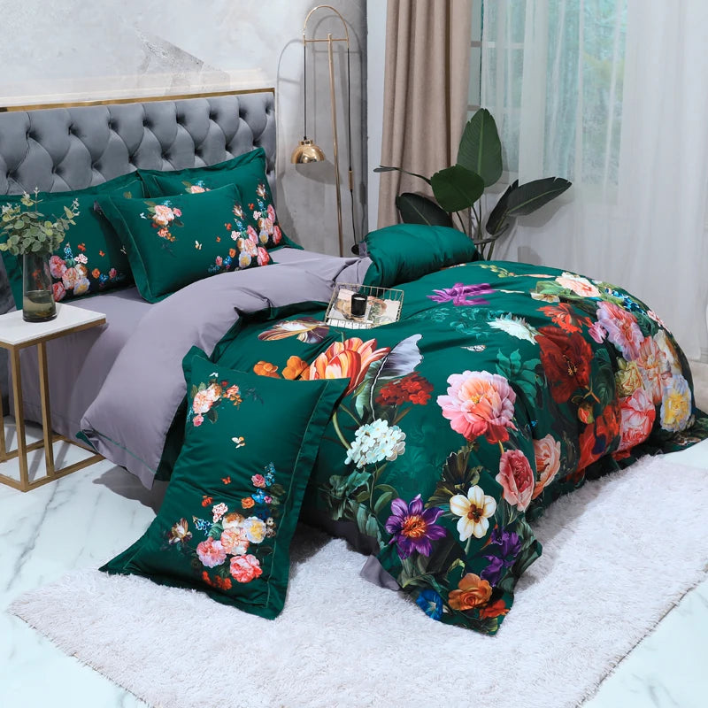 100% Egyptian Cotton US size Bedding Queen King size 4Pcs Birds and Flowers Leaf Gray Shabby Duvet Cover Bed sheet Pillow shams