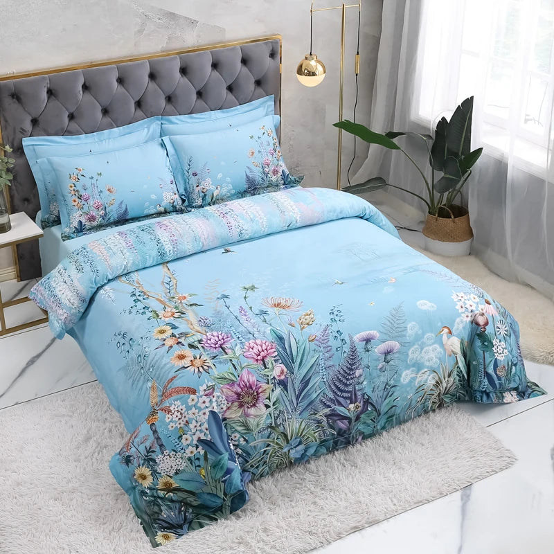 100% Egyptian Cotton US size Bedding Queen King size 4Pcs Birds and Flowers Leaf Gray Shabby Duvet Cover Bed sheet Pillow shams