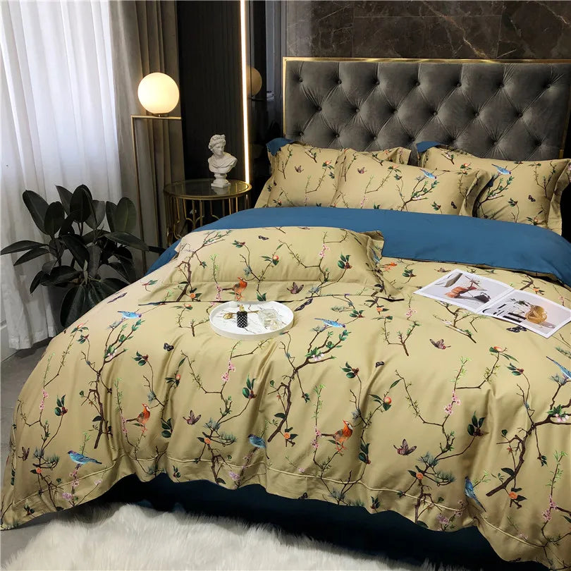 100% Egyptian Cotton US size Bedding Queen King size 4Pcs Birds and Flowers Leaf Gray Shabby Duvet Cover Bed sheet Pillow shams