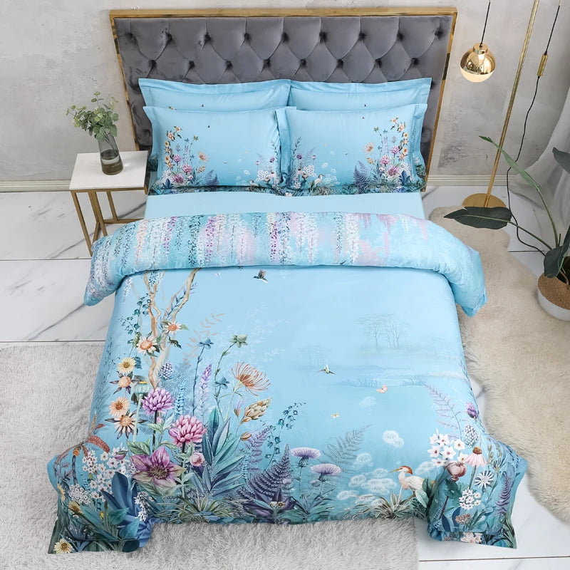 100% Egyptian Cotton US size Bedding Queen King size 4Pcs Birds and Flowers Leaf Gray Shabby Duvet Cover Bed sheet Pillow shams