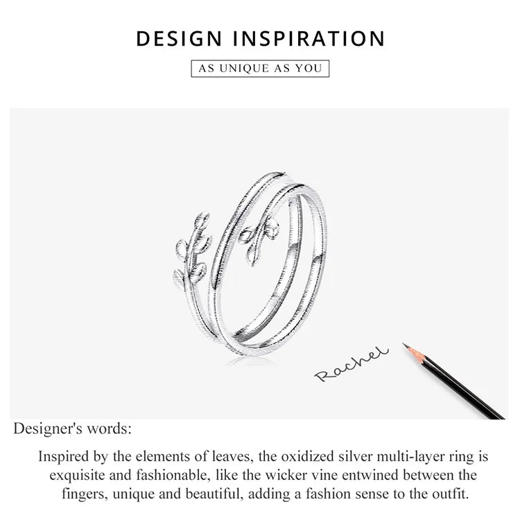 BAMOER Gold Plated Leaves Adjustable Ring,  S925 Silver Trendy Multilayer Leaf Open Ring for Women Fashion Jewelry Gift 2 Colors