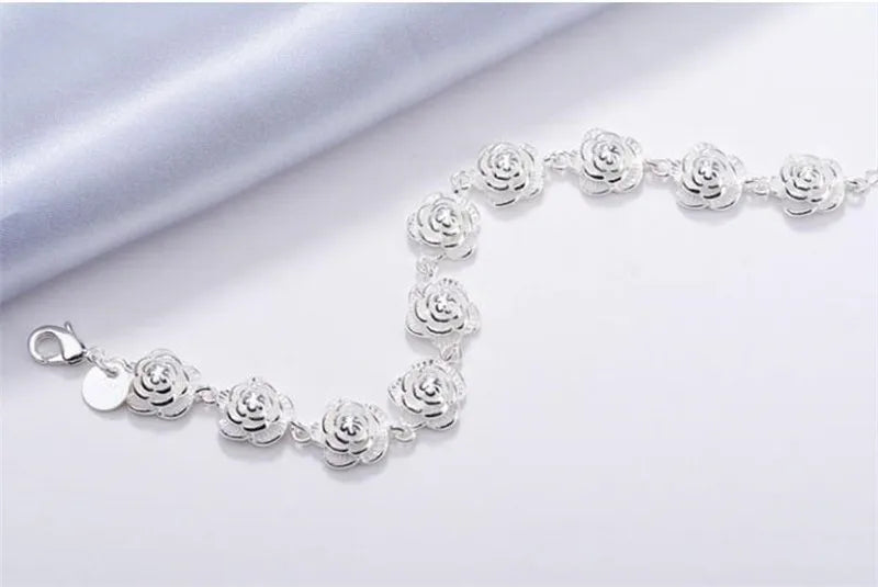 New 925 Sterling Silver Full Rose Flower Chain Bracelet For Women Fashion Pretty Wedding Party Holiday gift fine luxury Jewelry