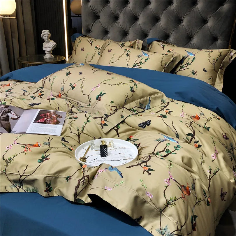 100% Egyptian Cotton US size Bedding Queen King size 4Pcs Birds and Flowers Leaf Gray Shabby Duvet Cover Bed sheet Pillow shams