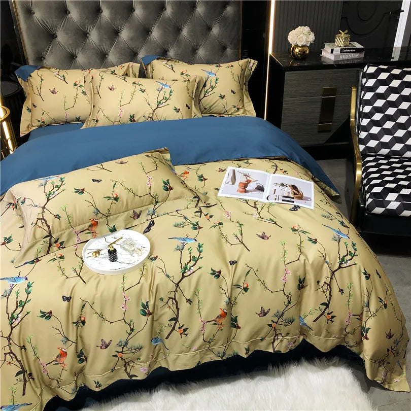 100% Egyptian Cotton US size Bedding Queen King size 4Pcs Birds and Flowers Leaf Gray Shabby Duvet Cover Bed sheet Pillow shams