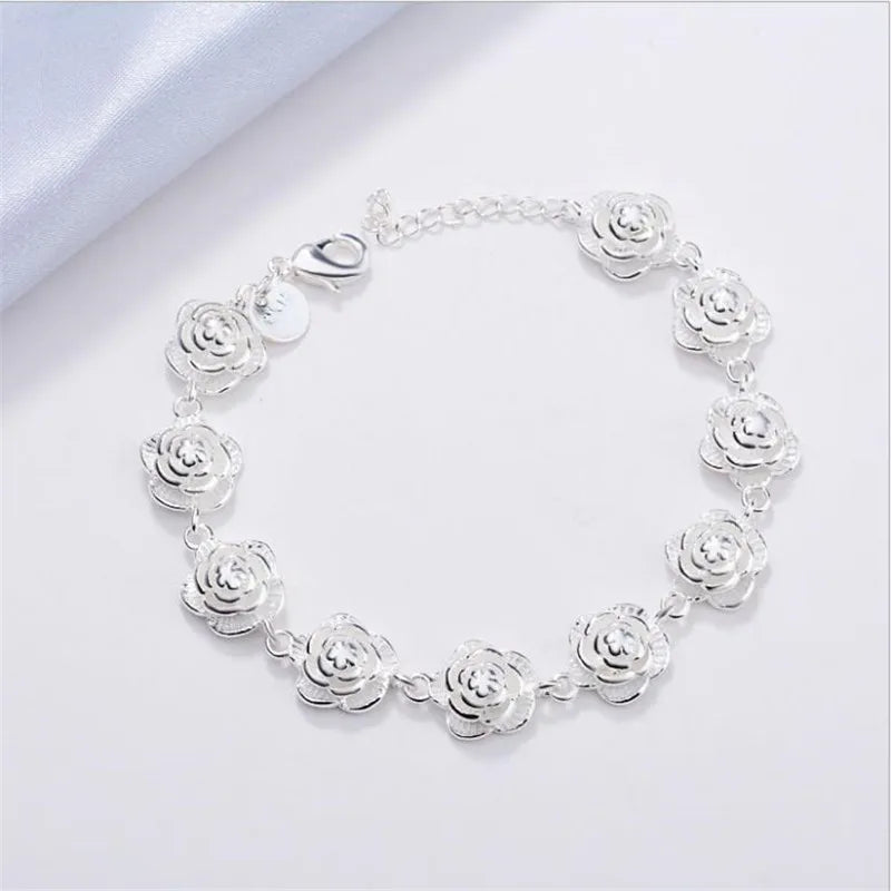 New 925 Sterling Silver Full Rose Flower Chain Bracelet For Women Fashion Pretty Wedding Party Holiday gift fine luxury Jewelry