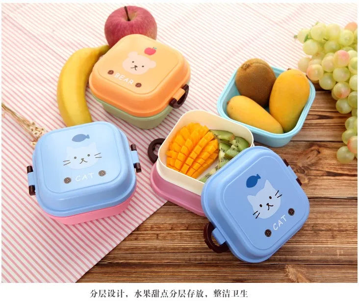Cute Portable Colorful Cartoon Lunch Box Microwaveable Kids 2 Layer Food Fruit Container Picnic Outdoor Bento Box Child Gift