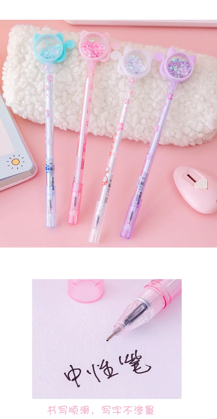 4Pcs/Set Kawaii Cat Tail Gel Pen Cute Sequins Transparent Rod Black Ink Gel Pens Office School Stationery Children Gift Pen