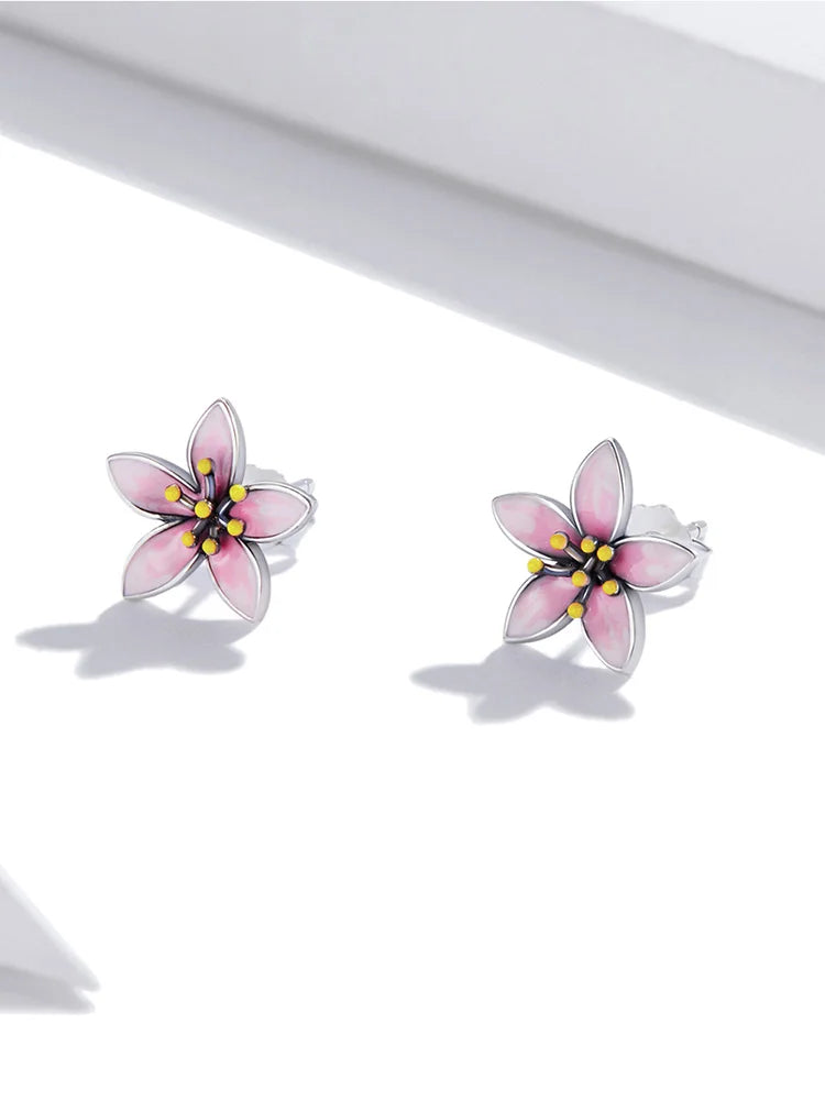 BAMOER Genuine 925 Sterling Silver Elegant Enamel Pink Cherry Blossom Stud Earrings for Women Flower Wedding Jewelry Gift
