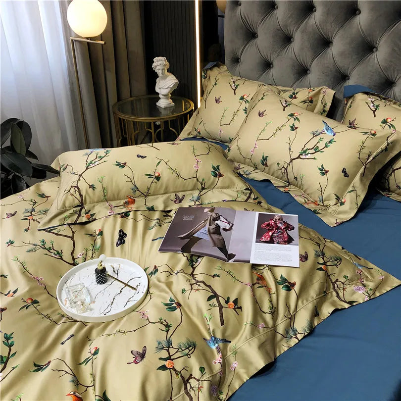 100% Egyptian Cotton US size Bedding Queen King size 4Pcs Birds and Flowers Leaf Gray Shabby Duvet Cover Bed sheet Pillow shams