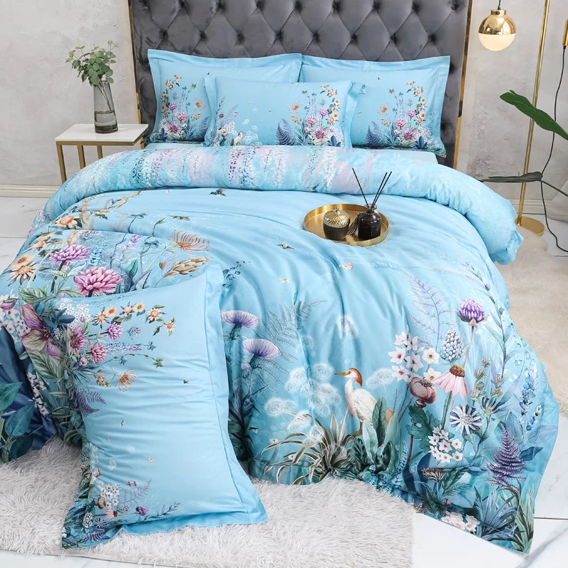 100% Egyptian Cotton US size Bedding Queen King size 4Pcs Birds and Flowers Leaf Gray Shabby Duvet Cover Bed sheet Pillow shams