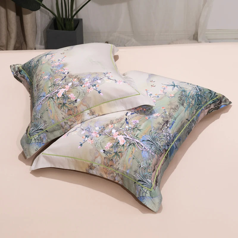 100% Egyptian Cotton US size Bedding Queen King size 4Pcs Birds and Flowers Leaf Gray Shabby Duvet Cover Bed sheet Pillow shams