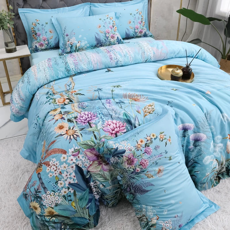 100% Egyptian Cotton US size Bedding Queen King size 4Pcs Birds and Flowers Leaf Gray Shabby Duvet Cover Bed sheet Pillow shams