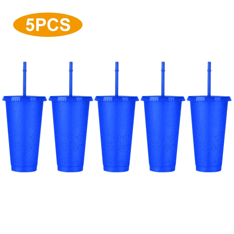 5PCS Flash Powder Water Bottles For Girl With Straw Reusable Hard Plastic Tumbler With lid Coffee Cup Drinkware Christmas Gift