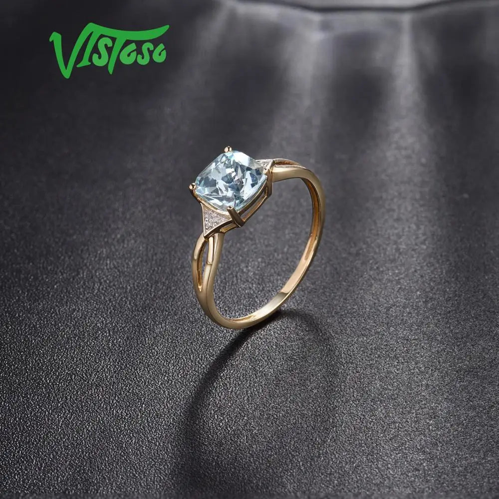 VISTOSO 14K 585 Yellow Gold Ring For Women Diamond Sky Blue Topaz Rings Gold 585 Real Original Anniversary Fine Jewelry