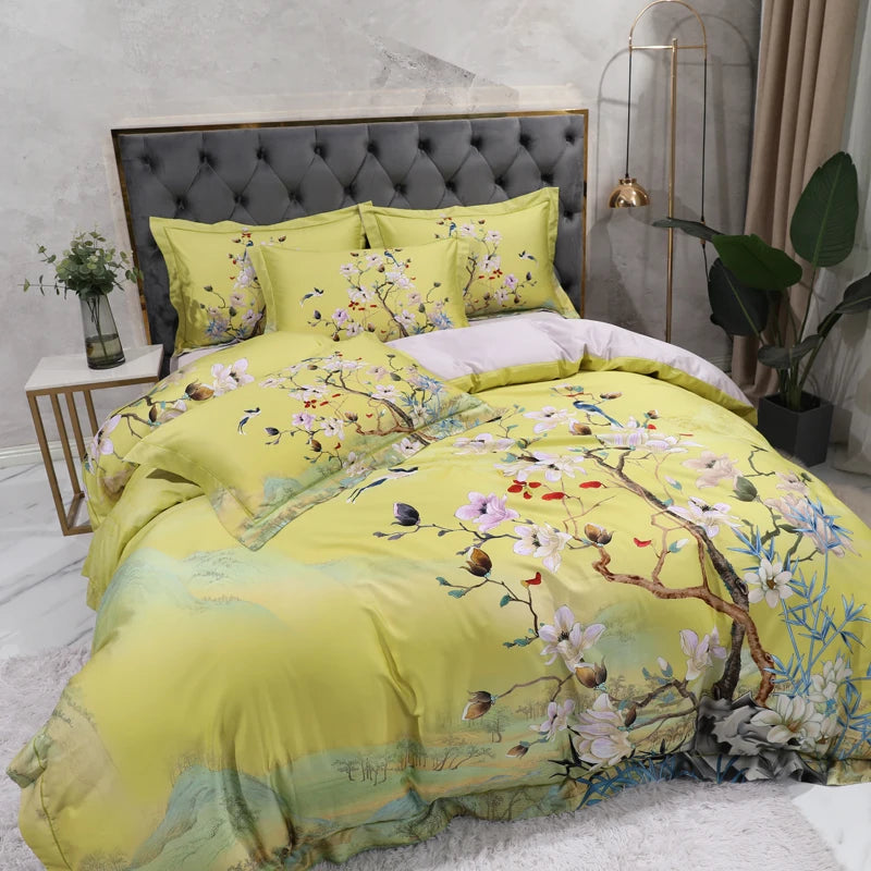 100% Egyptian Cotton US size Bedding Queen King size 4Pcs Birds and Flowers Leaf Gray Shabby Duvet Cover Bed sheet Pillow shams