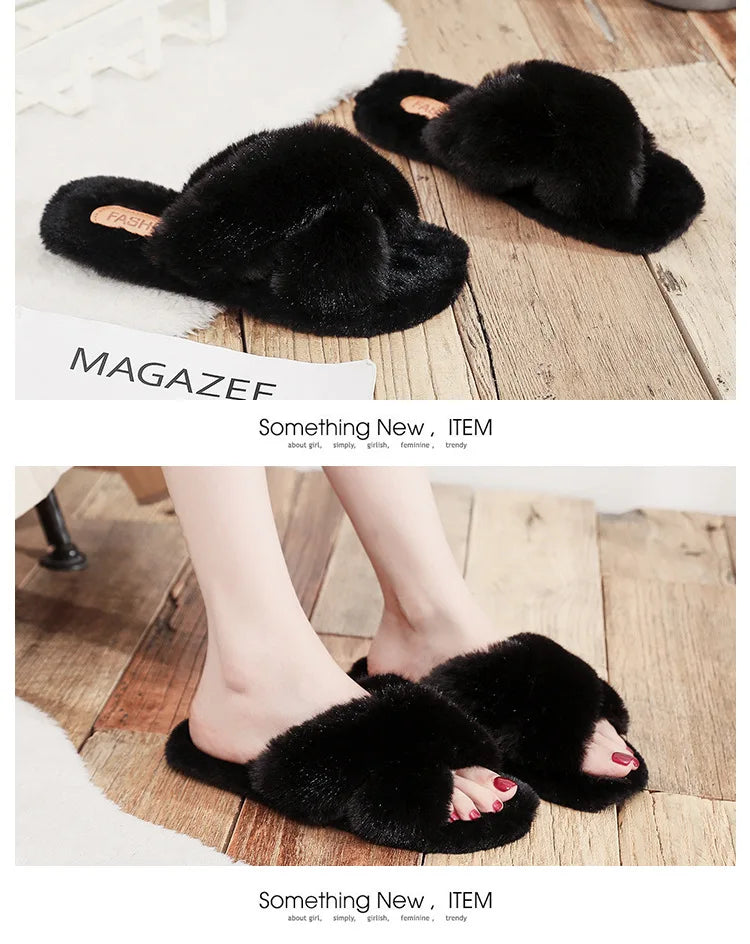 Women Fashion Warm Fluffy Slippers Cozy Faux Fur Cross Indoor Floor Slides Flat Soft Furry Ladies Female Celebrities Flip Flops