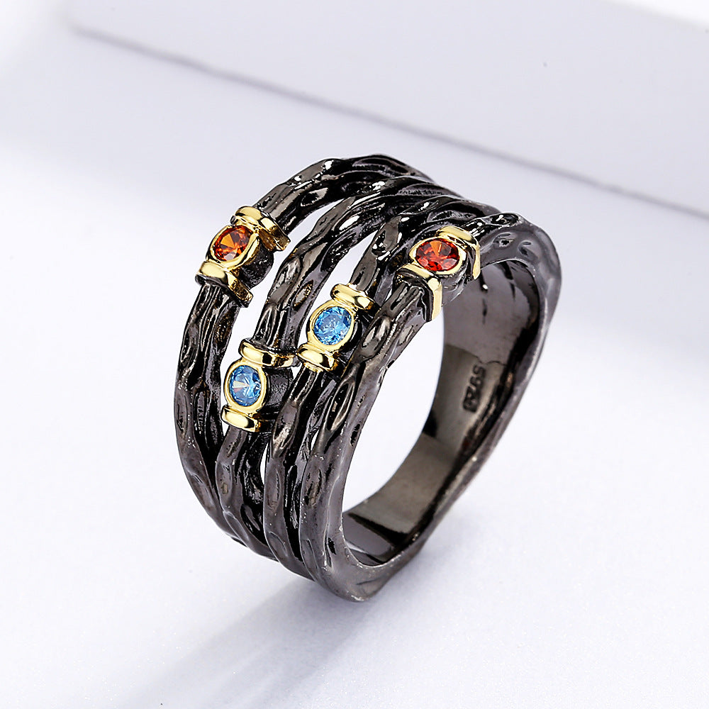 Exaggerated 925 Silver Ring Inlaid with Colorful Zircon Women's Ring Multi-layer Irregular Black Gold Jewelry Women's Party Ring