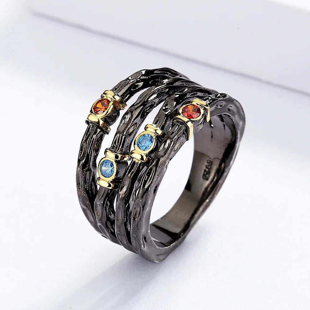 Exaggerated 925 Silver Ring Inlaid with Colorful Zircon Women's Ring Multi-layer Irregular Black Gold Jewelry Women's Party Ring