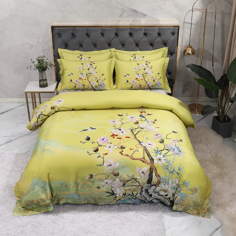 100% Egyptian Cotton US size Bedding Queen King size 4Pcs Birds and Flowers Leaf Gray Shabby Duvet Cover Bed sheet Pillow shams