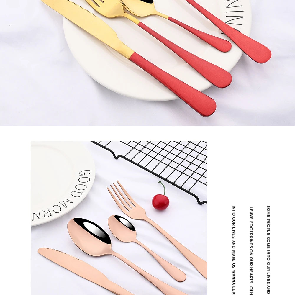 Red Silver Mirror Cutlery Set 24Pcs Dinnerware Set Flatware Cutlery Fork Knife Spoon Stainless Steel Silverware Tableware Set