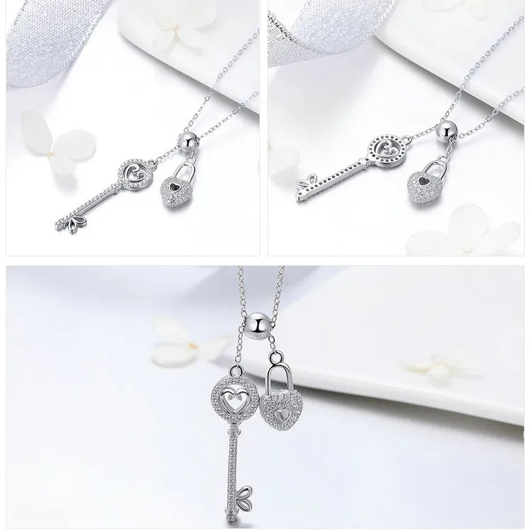 WOSTU Luxury 925 Sterling Silver The Key of Heart Lock Pendant Necklace For Women Girlfriend Wife Fashion Jewelry Gift CQN290