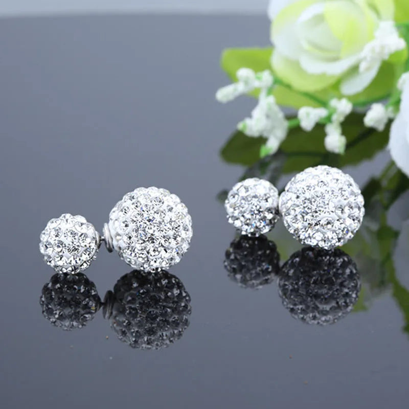 Real Pure Solid 925 Sterling Silver Stud Earrings for Women Jewelry Double Sided Crystal Ball Cubic Zircon Female Earrings Charm