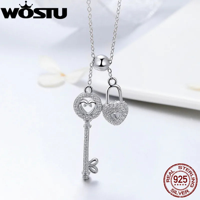 WOSTU Luxury 925 Sterling Silver The Key of Heart Lock Pendant Necklace For Women Girlfriend Wife Fashion Jewelry Gift CQN290