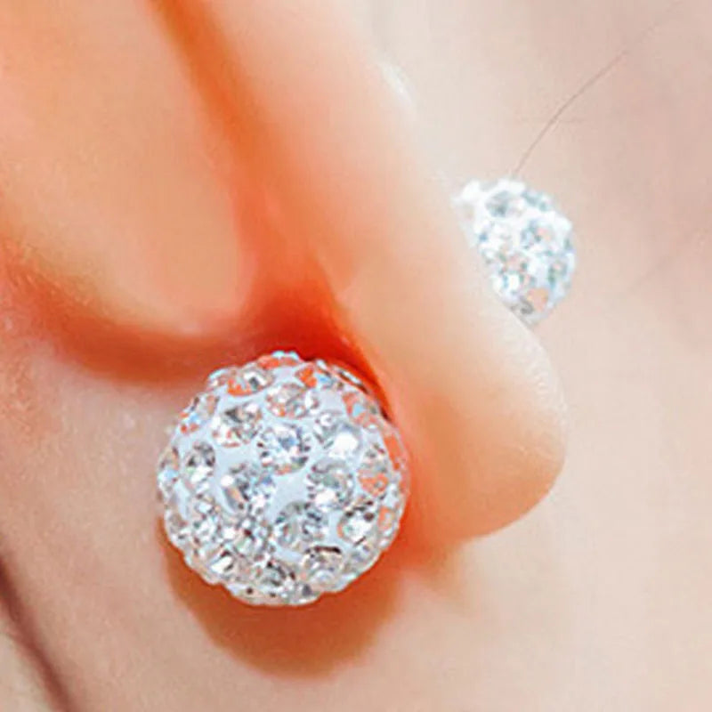 Real Pure Solid 925 Sterling Silver Stud Earrings for Women Jewelry Double Sided Crystal Ball Cubic Zircon Female Earrings Charm