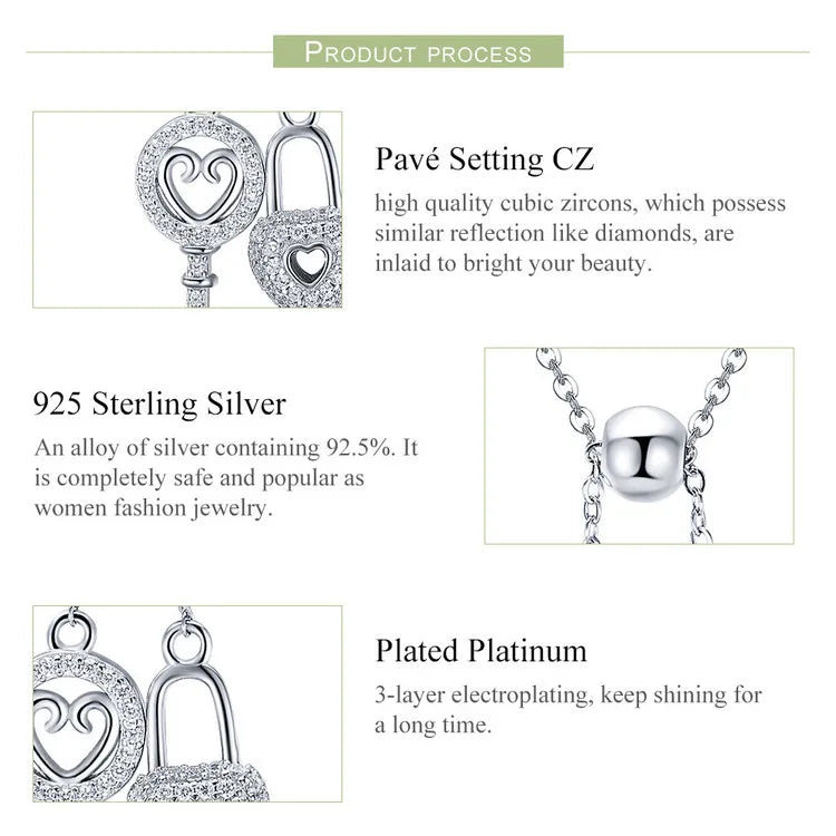 WOSTU Luxury 925 Sterling Silver The Key of Heart Lock Pendant Necklace For Women Girlfriend Wife Fashion Jewelry Gift CQN290