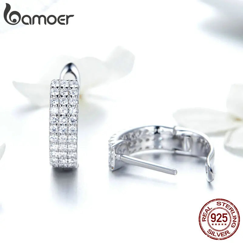 BAMOER Classic New 925 Sterling Silver Shining Clear  CZ Cubic Zircon Stud Earrings for Women Wedding Jewelry SCE560