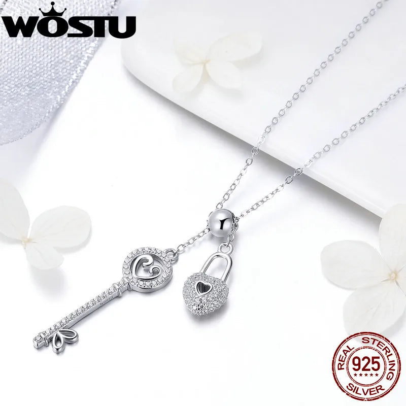 WOSTU Luxury 925 Sterling Silver The Key of Heart Lock Pendant Necklace For Women Girlfriend Wife Fashion Jewelry Gift CQN290