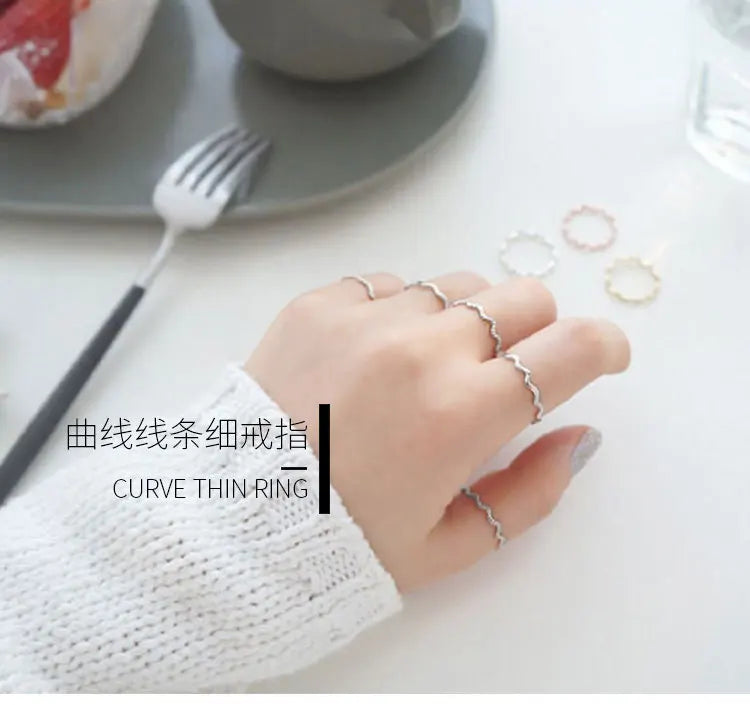 Real 925 Sterling Silver Finger Rings Rose Gold Simple Thin Line Curve Wave Wild Smooth Woman Girl Rings Striped Jewelry Wedding